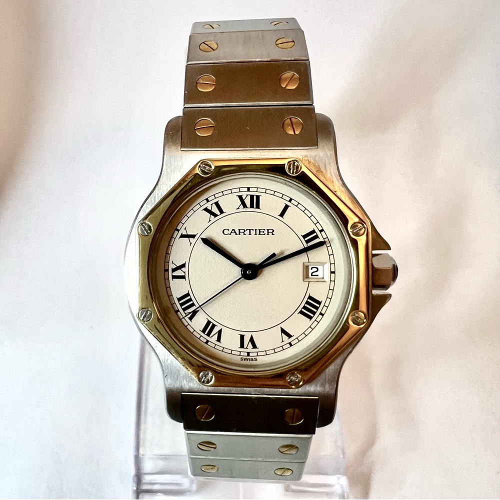 CARTIER SANTOS OCTAGON 31mm Quartz 2 Tone Watch Cream Dial
